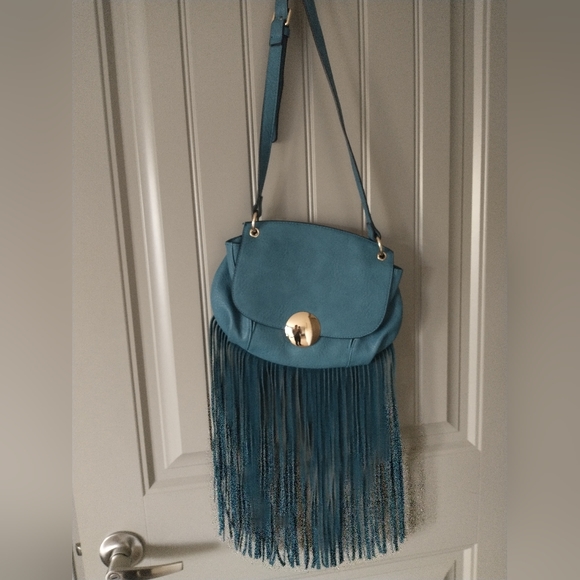 Vieta Fringed Blue Pebbled Leather Crossbody Purse with leather fringe - Picture 12 of 13